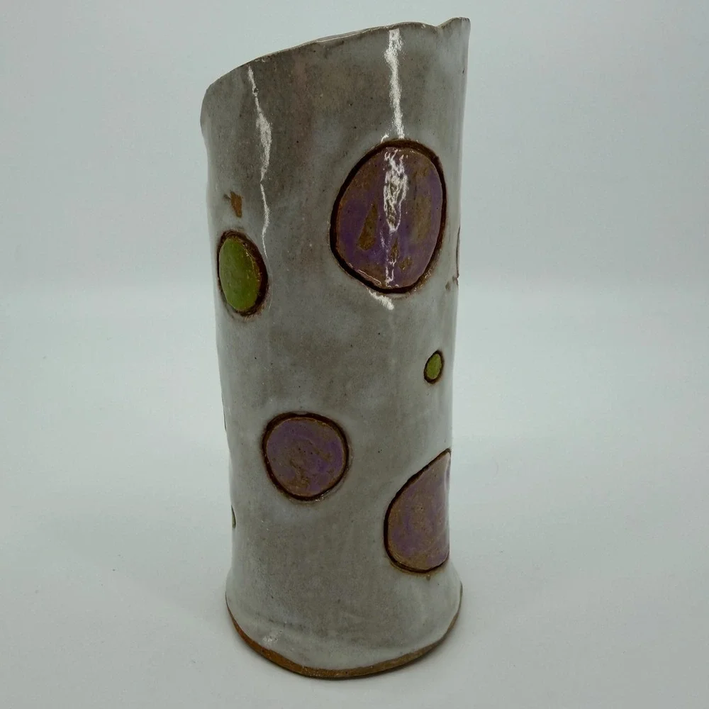 Vtg Studio Pottery Vase Signed Dated Purple Green Polka Dot Handmade Ceramic